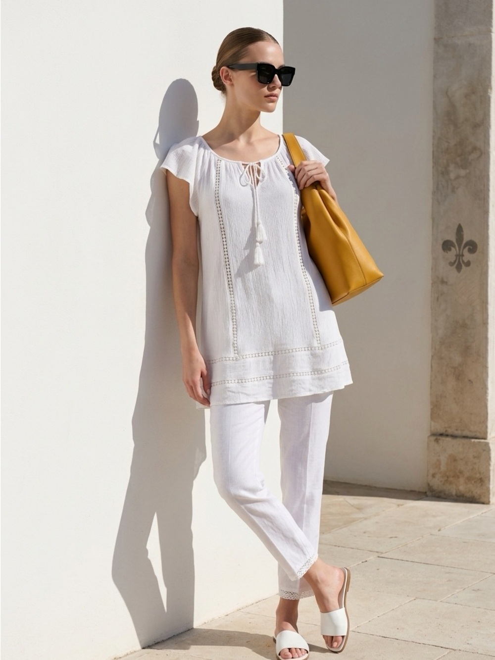 Women’s White Tunic Top with Tassel Tie☑️